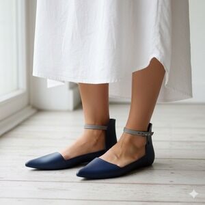 Melissa Cutting II Ankle Strap Flats Pointed Toe D'Orsay Shoes Navy Size 10